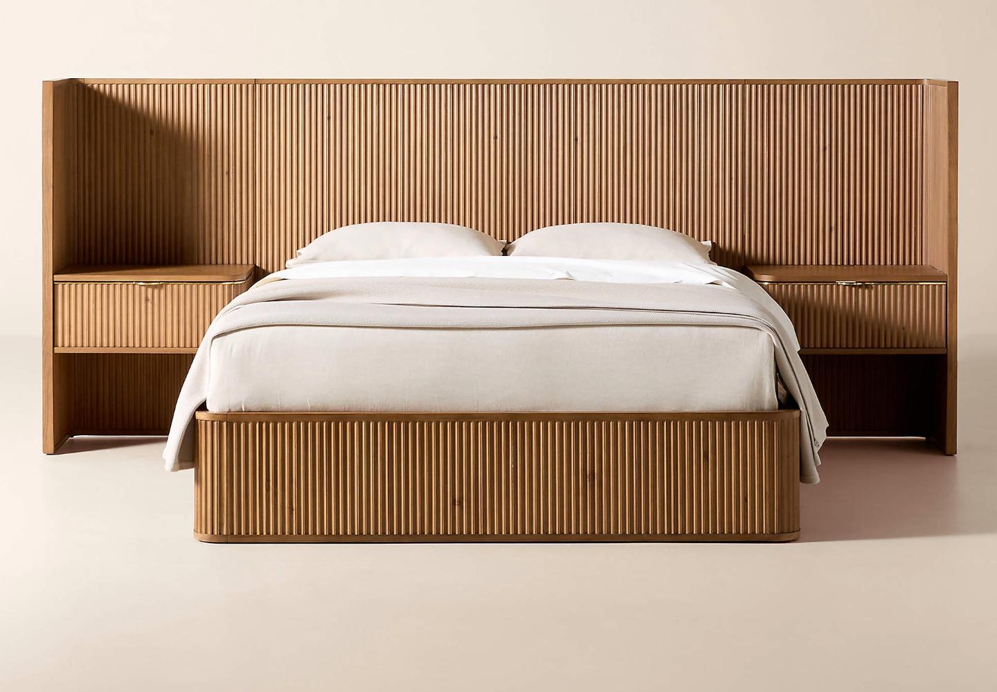 Fluted Wood Headboard Bed